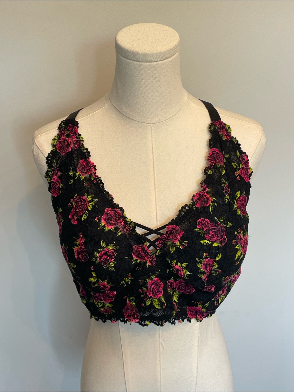 Floral Lace Bralette in Black with Pink Rose Print